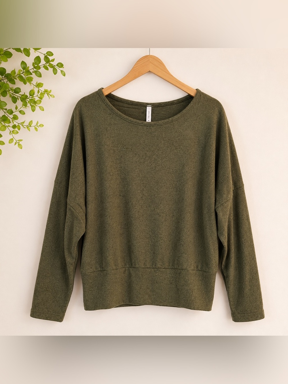 Olive Green Dolman Sleeve Brushed Knit Long Sleeve Top Soft Stretchy Size M